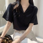 베이직 데일러 웨어 여자 카라넥 반팔 블라우스