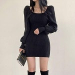 벌룬소매 겨울 미니 슬림 라인 원피스 여성스러운코디