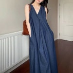 스윗트리 V넥 루즈핏 민소매 롱 데님 원피스 j0766