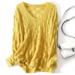 여성용 섹시한 니트웨어 상의 크로셰 할로우 스웨터 V넥 얇은 풀오버 G28 아웃 니트 긴팔