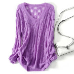 여성용 섹시한 니트웨어 상의 크로셰 할로우 스웨터 V넥 얇은 풀오버 G28 아웃 니트 긴팔