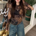 시스루 여성 Y2K 워싱 유니크 티셔츠