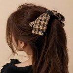 헤어아이템 포니테일 모양 체크리본 포인트 바나나핀 그린