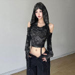 힙퍼베르티 후드 트임 긴팔 크롭 프린팅 데미지 끈