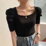 골지소재 스퀘어넥 어깨셔링 크롭 니트탑 슬림핏
