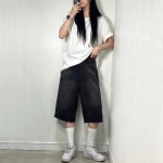 여성 7부 데님 청 버뮤다 팬츠 반바지 Y2K 힙한 와이드 바지 흑청 연청 색 여자 데일리 하의