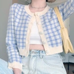 여자 4컬러 체크무늬 단추 크롭 가디건 봄 가을