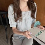 소매 반팔 퍼프 여름 여자 블라우스 스퀘어넥