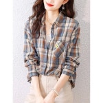 384033 여성용 시크한 체크 무늬 면 셔츠 우아한 긴팔 버튼업 턴다운 칼라 세탁기