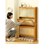 폴딩 신발 수납장 접이식 슬리퍼 선반 운동화 현관 슬림 라탄 우드 신발장-원목 2단 50