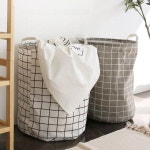 접이식 화이트체크 빨래바구니-원형 다용도 수납정리
