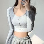 골지 긴소매 스퀘어넥 캐주얼 크롭탑 티셔츠