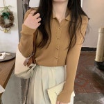 여성 브이넥 스타일 금장 단추 포인트 카라 가디건