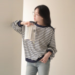 데일리앤 데일리앤 헤밀 여성 보트넥 스트라이프 맨투맨 쭈리 면 배색 단가라 긴팔 티셔츠