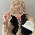 여자 겨울 격자 뽀글이 양털 벙거지 버킷햇