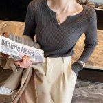 여성 4컬러 봄 가을 이너티 골지 브이넥 긴팔 티셔츠 차콜
