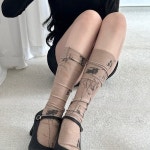 타투스킨스타킹 포인트 시스루 프린팅 커피 니삭스
