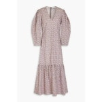 GANNI 가니 게더드 플로랄 프린트 코튼 포플린 미디 원피스 드레스 여성