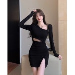 신일전자 긴팔 타이트 스커트 날씬해 보이는 명원 트임 원피스 슬림백 힙부잣집 천금 세트