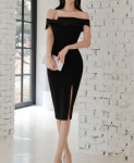 블랙 오프숄더 럭셔리 클럽의상 사이드 슬릿 홀복스타일 타이트핏 미디원피스 S