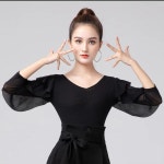 couyor 라인댄스 라틴댄스복 상의 스포츠댄스복 방송댄스복 블랙-V카라-7부소매