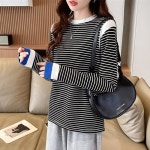 패스타임 여성 소프트 라운드 이너 긴팔 스트라이프 티셔츠 L TS2275