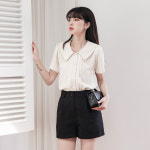 라운드 카라 센터 핀턱 주름 21jl0320 어깨 셔링 반팔 여자 여름 블라우스 살구