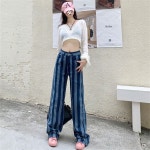 꽃소담 여성 스트라이프 하이웨스트 데님 와이드 통바지 M hd블루 J2270