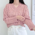 피치 여성 니트 꽈배기 브이넥 긴팔 여자 니트티