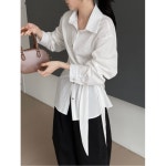 EAMT 여자 봄 셔츠 허리 스트랩 블라우스 한계 미니멀 조임 슬림 긴팔 EUNG1