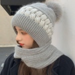 여성 방울 털 니트모자 일체형 겨울 방한 목도리 세트