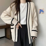 오노마 ONM 배색라인 니트 롱 가디건 노버튼 두툼 간절기 여친룩 20264382