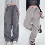 여성 밑단 스트링 와이드 스타일 밴딩 트렌지 팬츠