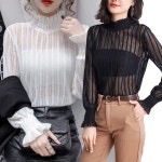 여자 레이어드티 시스루 프릴 레이스 블라우스 목티