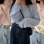 여성 봄 가을 세미 크롭 브이넥 긴팔 니트 티