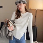 절개 포인트 여성 니트티 라운드넥 니트 긴팔 티셔츠