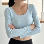 무지 여성 티셔츠 크롭티 라운드넥 여자 긴팔 티셔츠