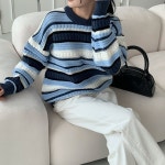 스트라이프 여성 니트티 배색 니트 여자 긴팔 티셔츠