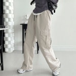 스트링 여성 카고 팬츠 허리 밴딩 바지 와이드 팬츠
