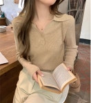 카라 단추 브이넥 골지 니트