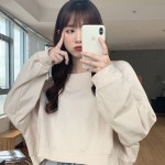 무지 크롭 기장 티셔츠 숏 맨투맨 여성 라운드넥 카키