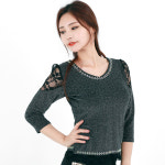 댄스도매몰 라인 라틴 브이넥티셔츠 망사티셔츠 스포츠댄스복 DANCE SPORTS 여성상의 댄스복 비즈장식 레이스 댄스도매몰 티셔츠 L 66... 