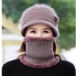 중년 여성 리본 모자 워머 세트 목도리 털모자 겨울 방한 모자