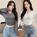 여자 리본티 세미크롭티 V넥 골지 슬림 긴팔 티셔츠