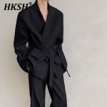 블레이저자켓 HKSH 남성용 타이드 다크웨어 일본 시크 하이 엔드 블레이저 펑크 스타일 칼라리스 벨트 코트