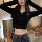 카라 여성 티셔츠 슬림핏 긴팔 골지 트렌디 크롭