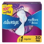 올웨이즈 Always Radiant Feminine Pads Wings 사이즈 1 Regular Absorbency Scented 30 Count