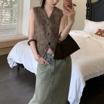 여자브이넥가디건 브이넥 가디건 조끼 가을 시크 레트로 레오파드 울 ible1