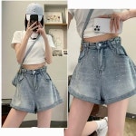 여자 청반바지 스모크 청 반바지 빈티지 꽃봉오리 허리 롤업 와이드 A라인 팬츠 ST1