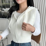 여자조끼 여성 무지 후드 니트 조끼 세미크롭 레이어드